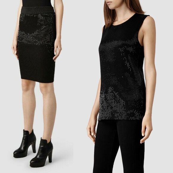 All Saints Lovise Hand Beaded Set Black Sleeveless Top US 0 & Pencil Skirt US 6